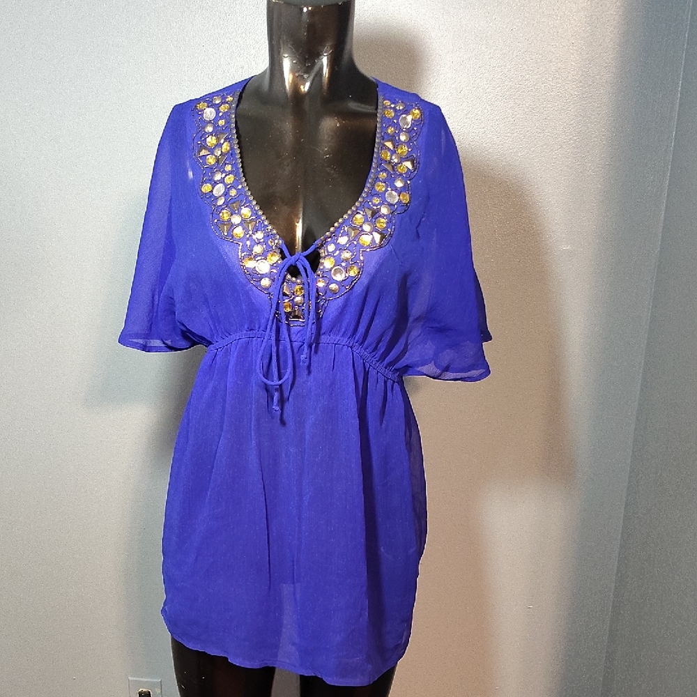 Chic Royal Blue Embellished Women's Tunic